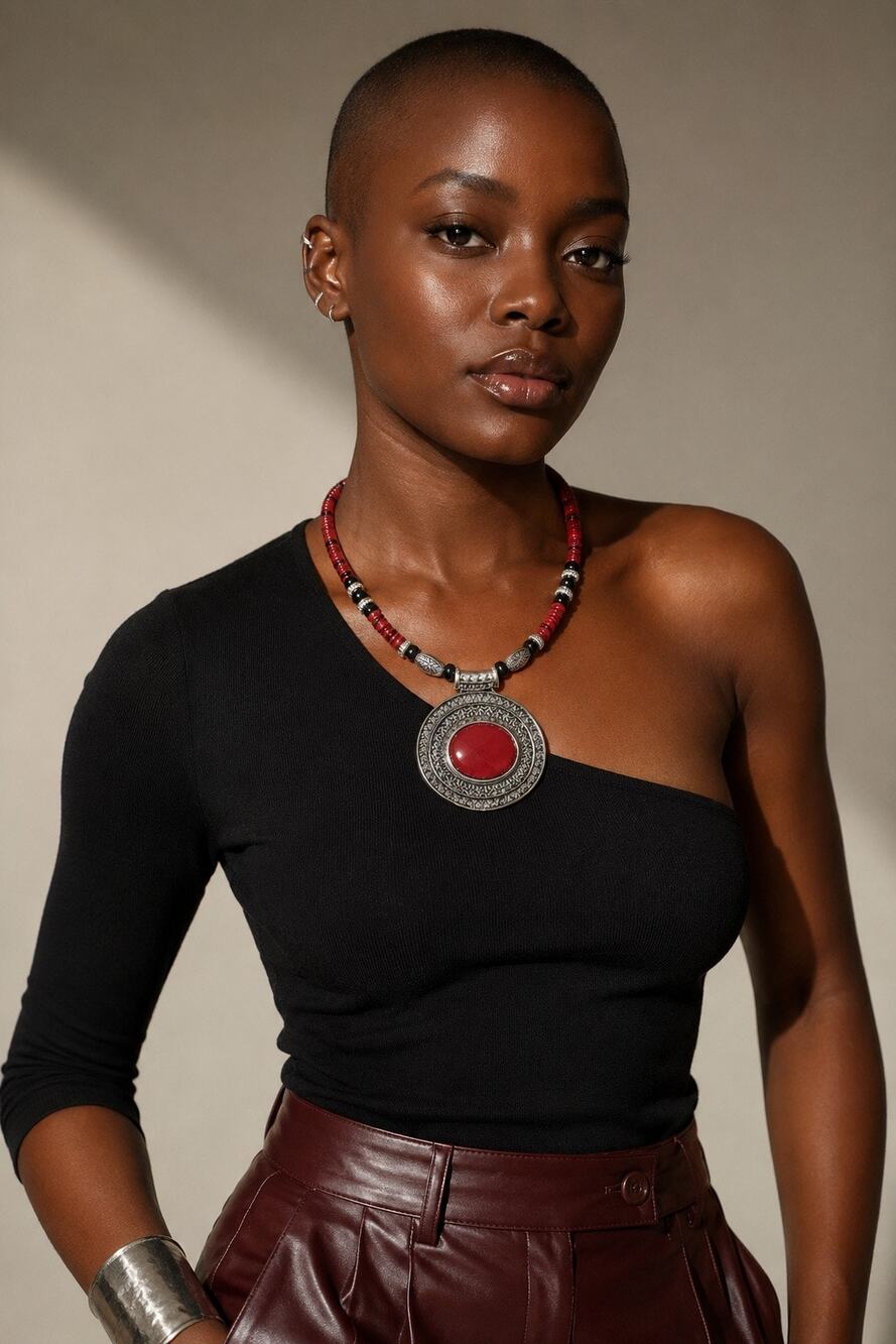 Boho Artisan Red Cabochon Beaded Statement Medallion Necklace
